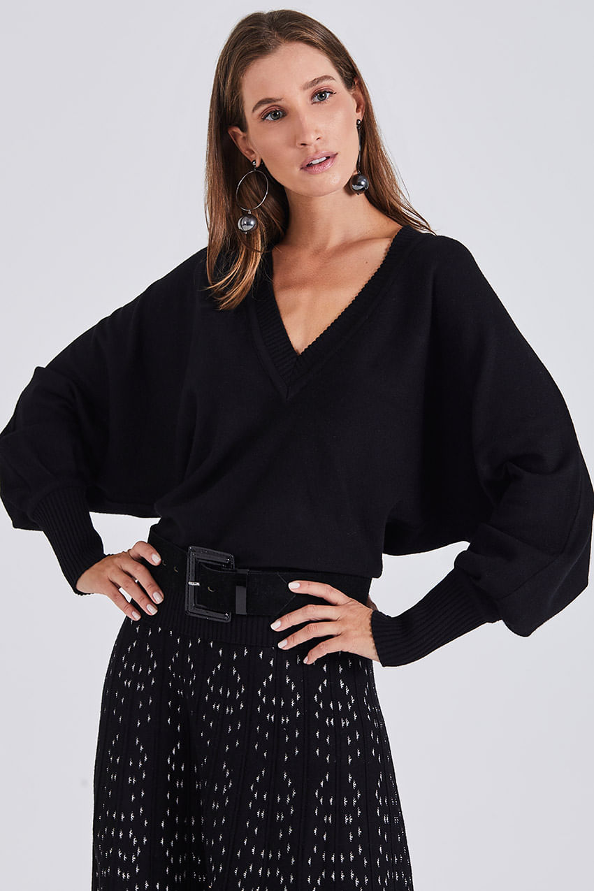 Blusa Tricot Manga Ampla - Preto