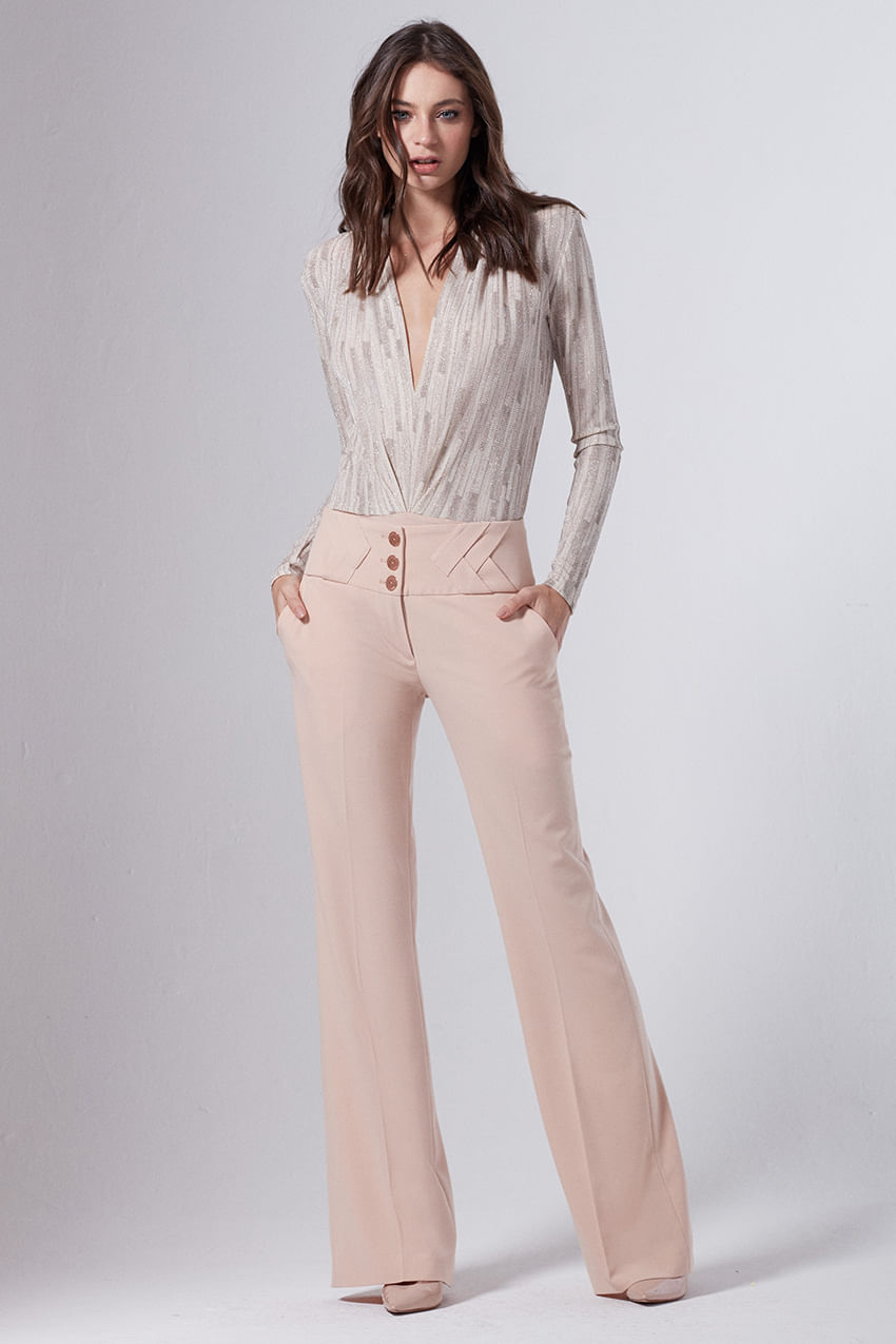 Calça Alfaiataria Boot Cut Detalhe Cos - Creme