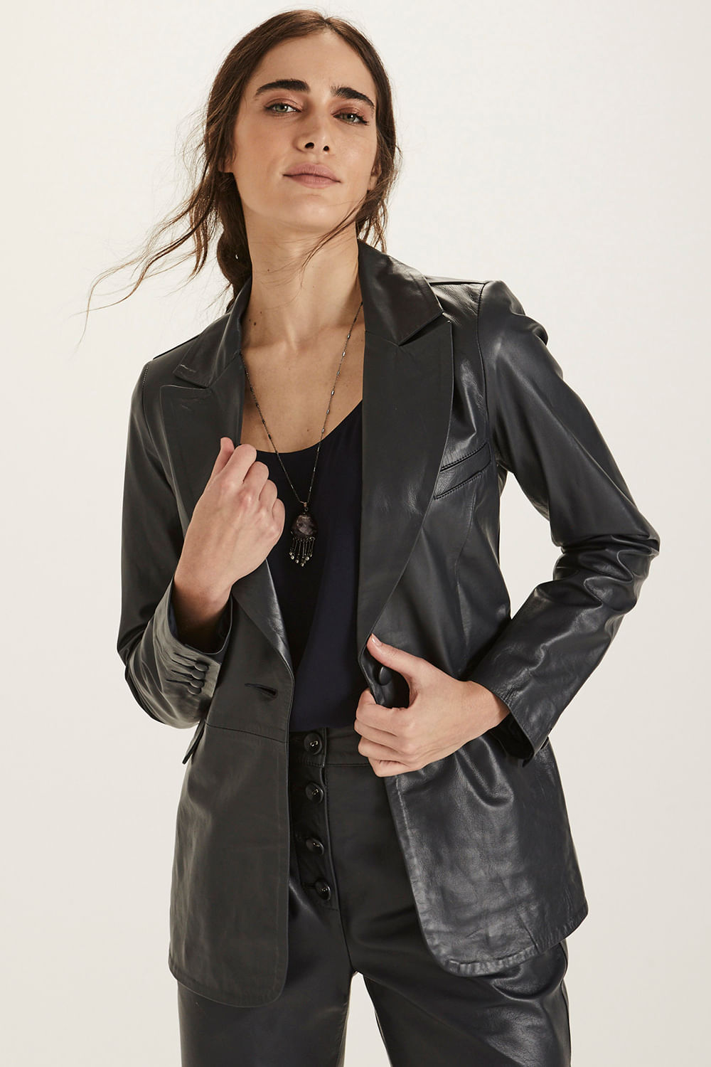 Blazer Couro Bolsos C/ Vivos - Marinho