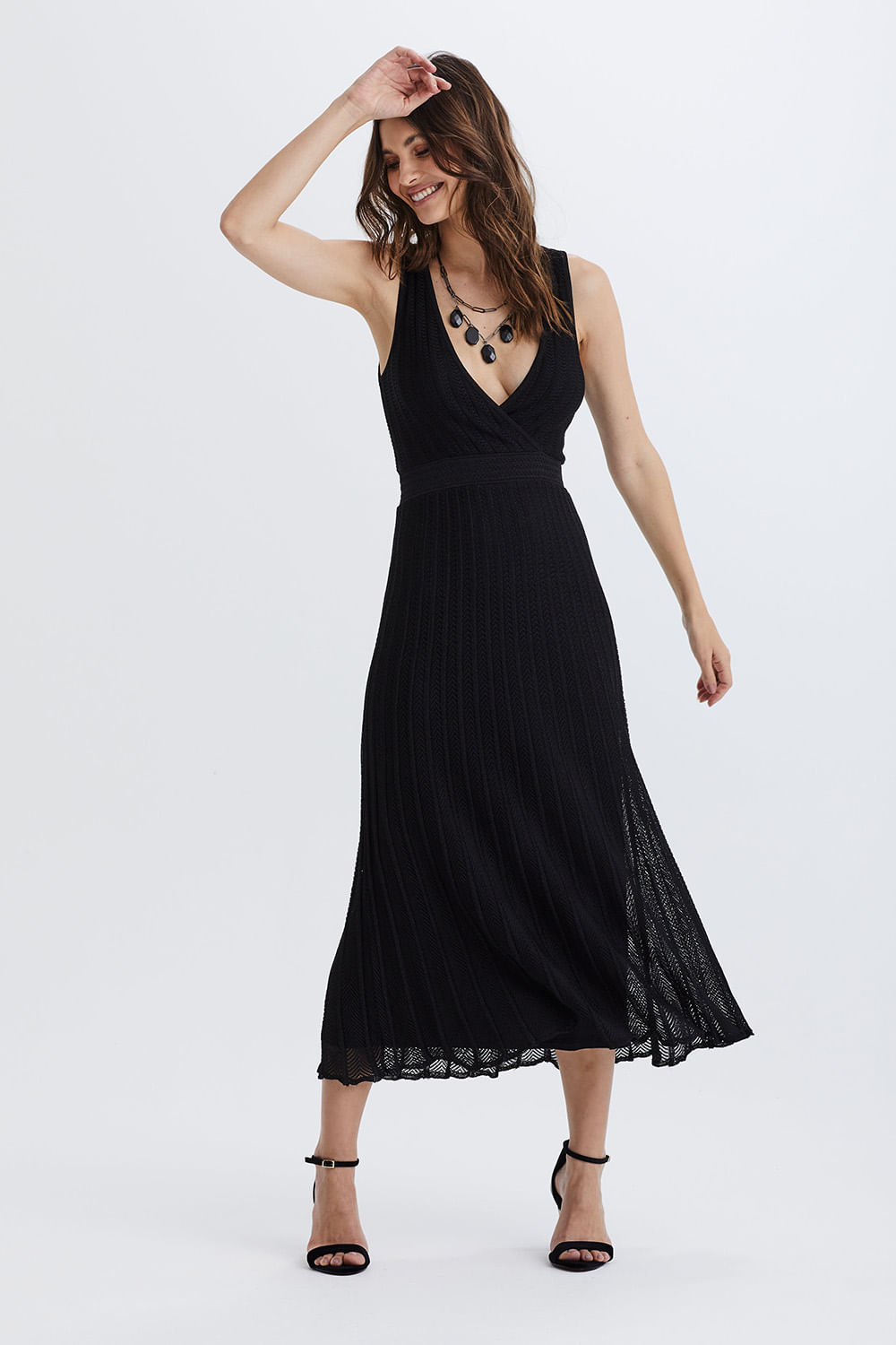 Vestido Tricot Midi Rendado Chevron - Preto