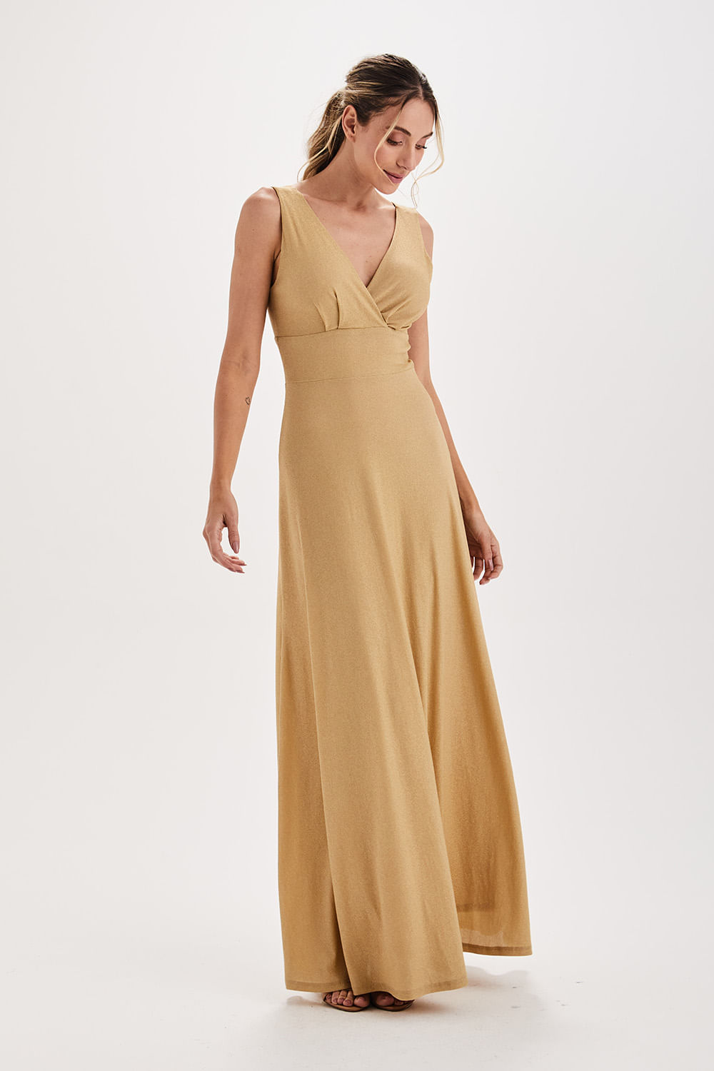 Vestido Malha Longo Tule Color - Areia Golden