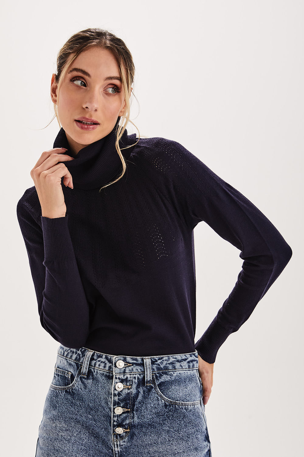 Blusa Tricot Pala Rendada - Marinho