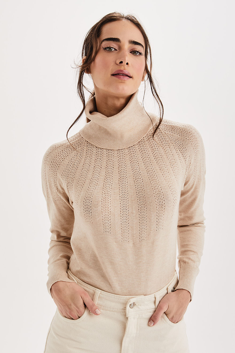 Blusa Tricot Pala Rendada - Areia