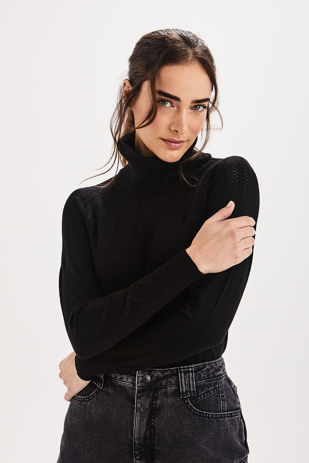 Blusa Tricot Pala Rendada - Preto