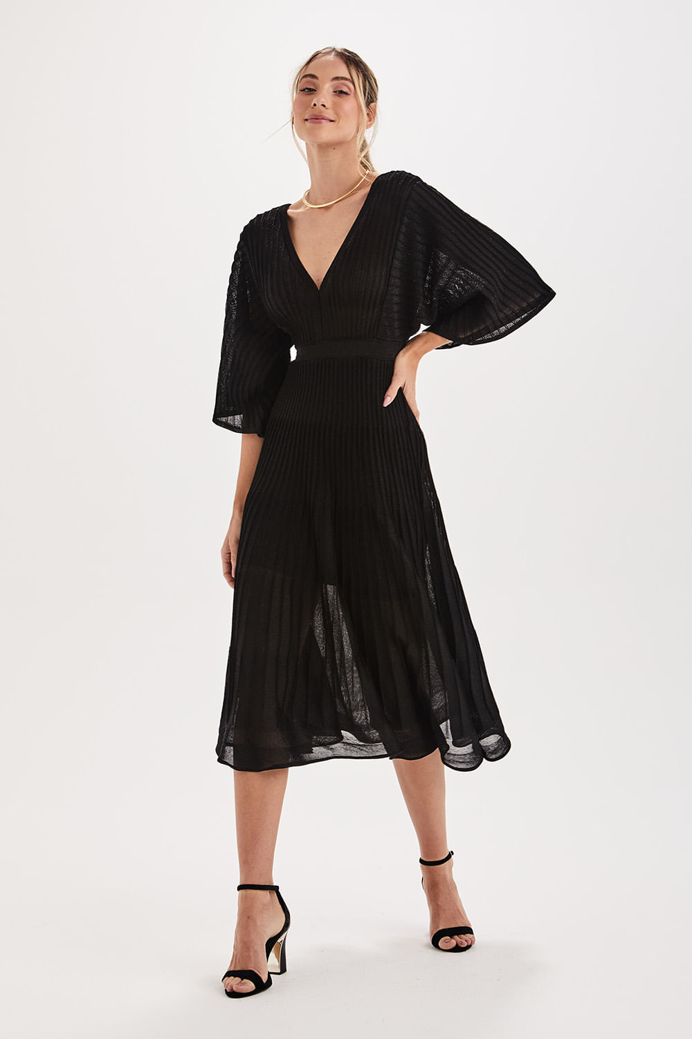 Vestido Tricot Plissado Lurex - Preto