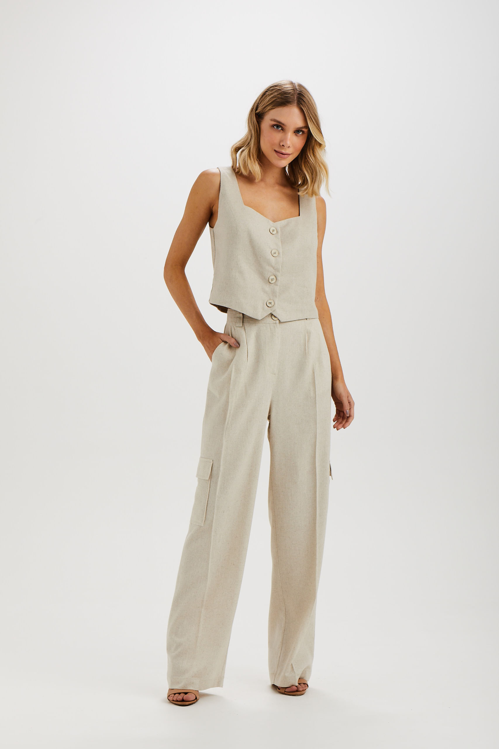 Calca Fashion Pantalona Linho Bolsos - Areia