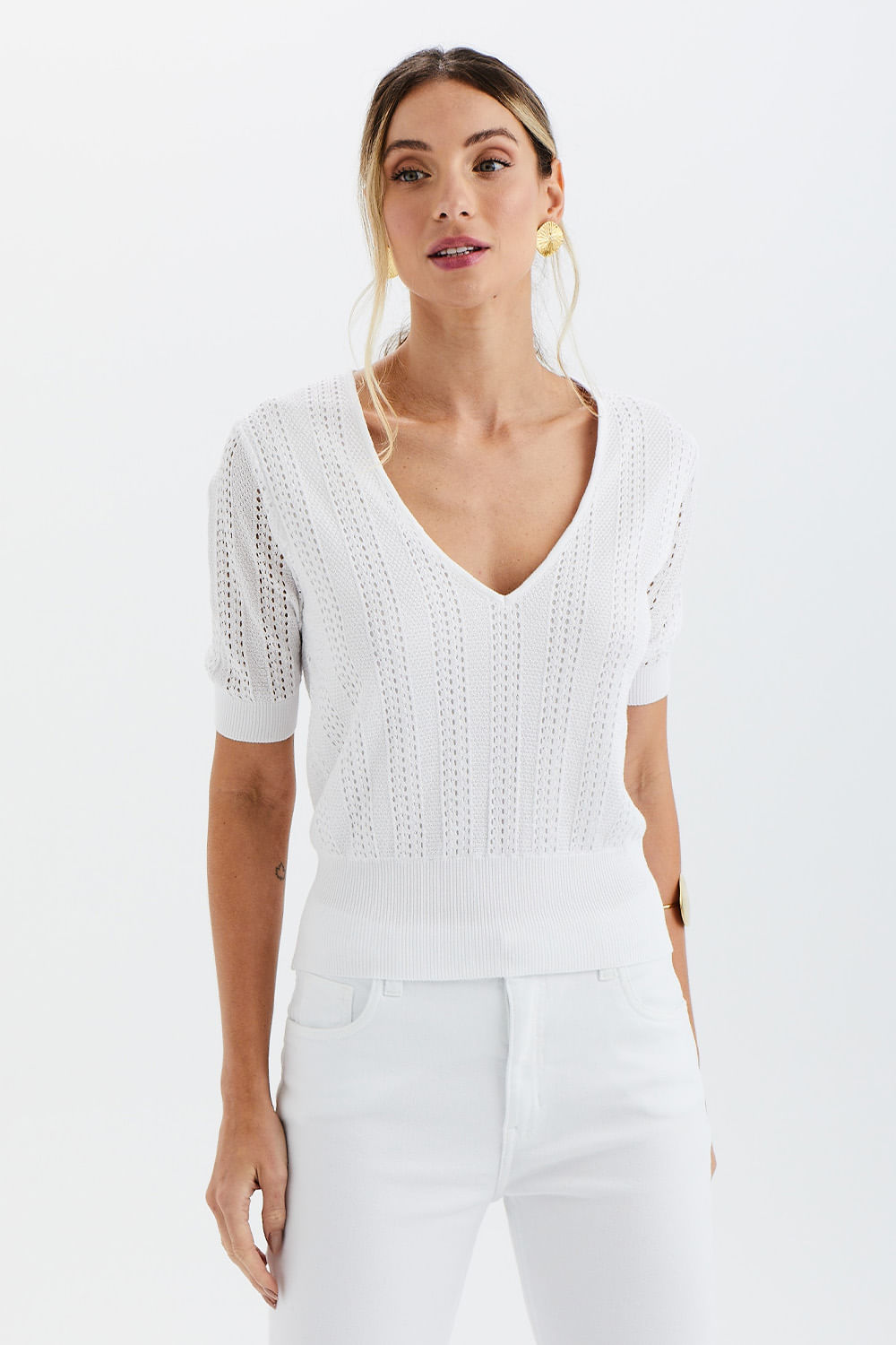 Blusa Tricot Rendada C/ Punho - Branco