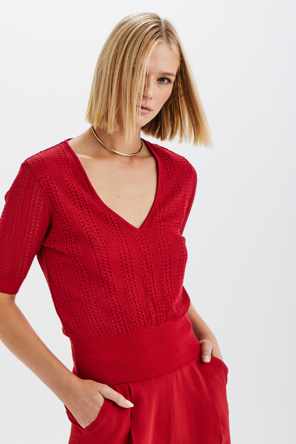 Blusa Tricot Rendada C/ Punho - Vermelho