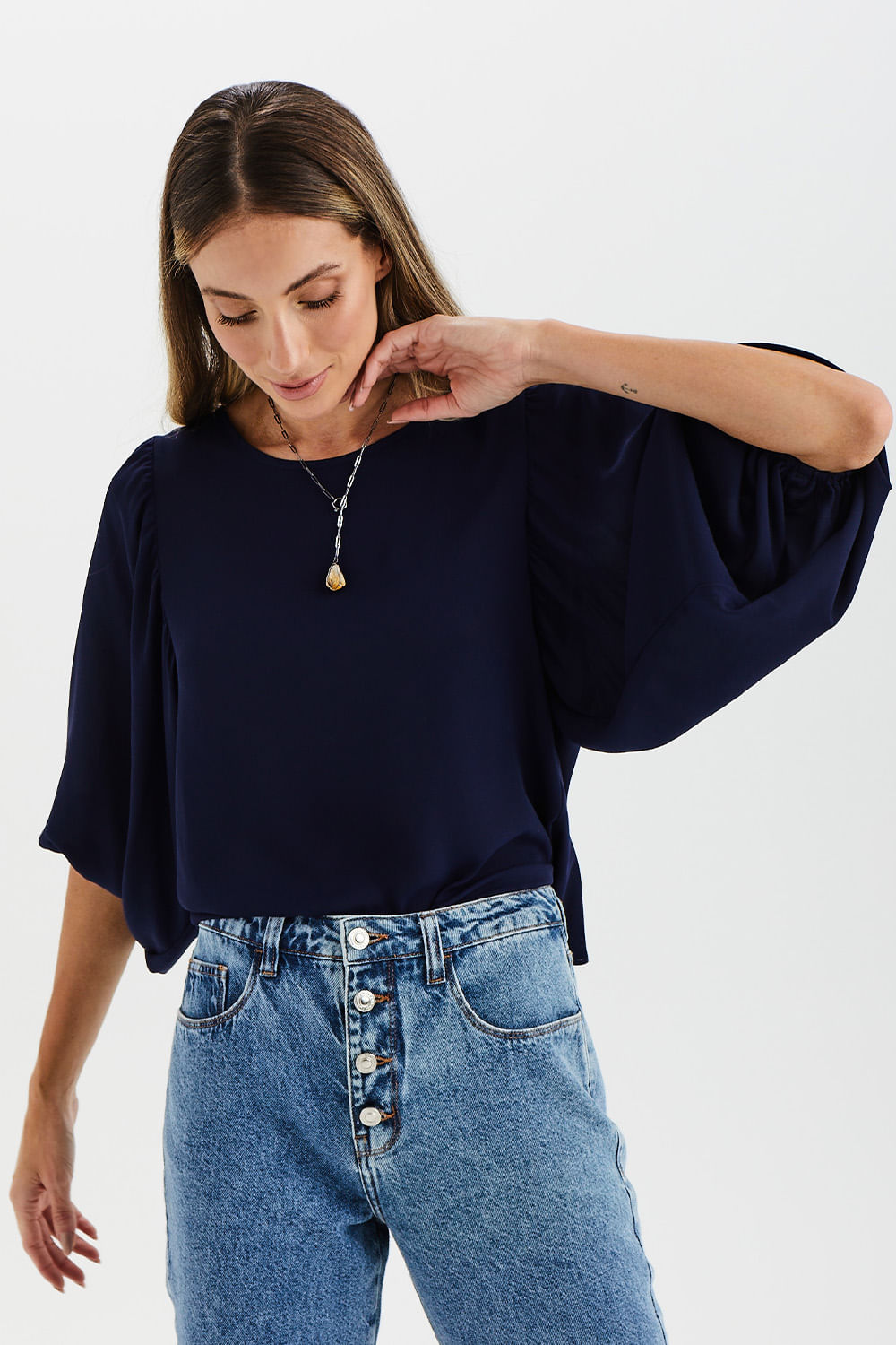 Blusa Fashion Manga Longa Manga Ampla - Marinho