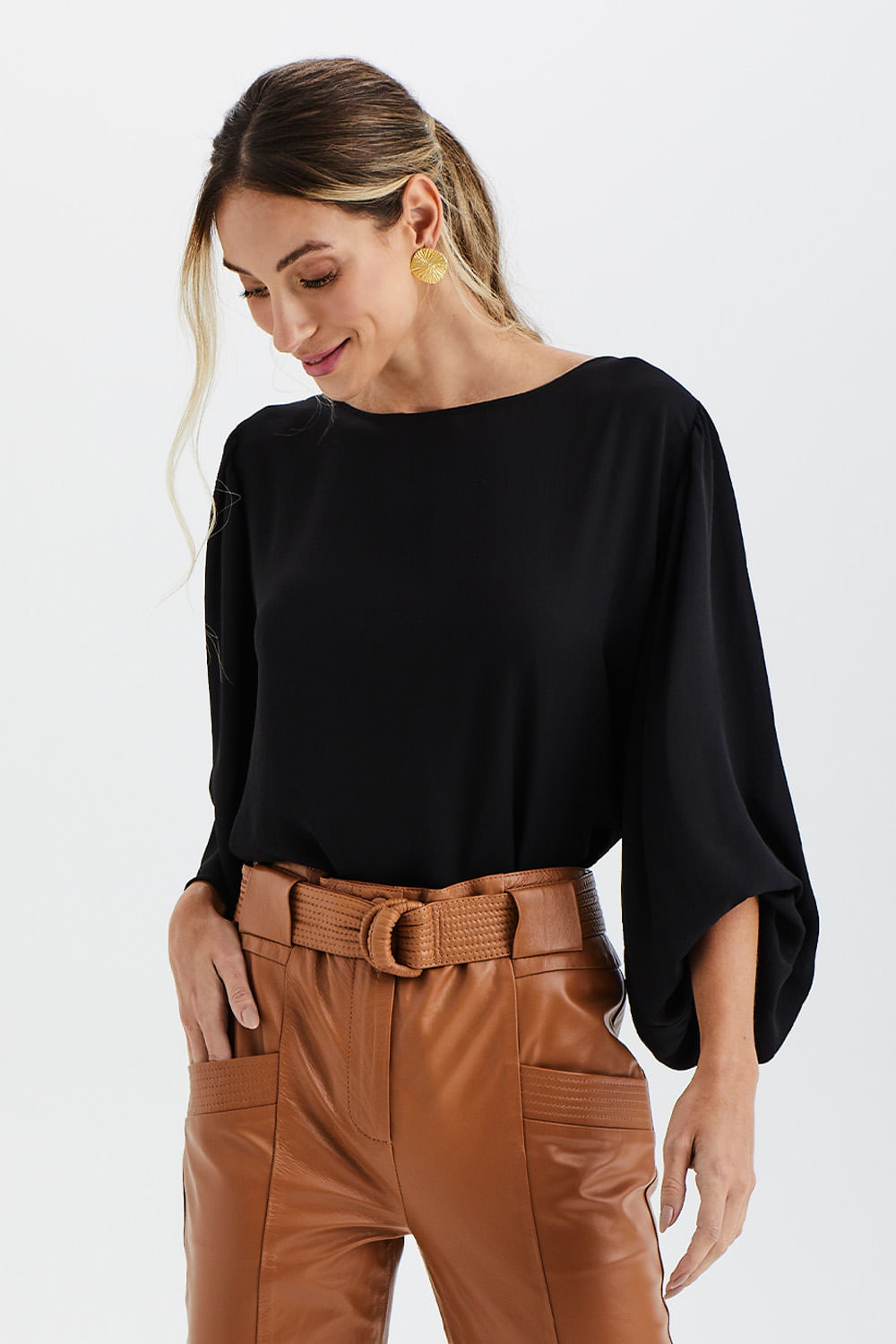 Blusa Fashion Manga Longa Manga Ampla - Preto