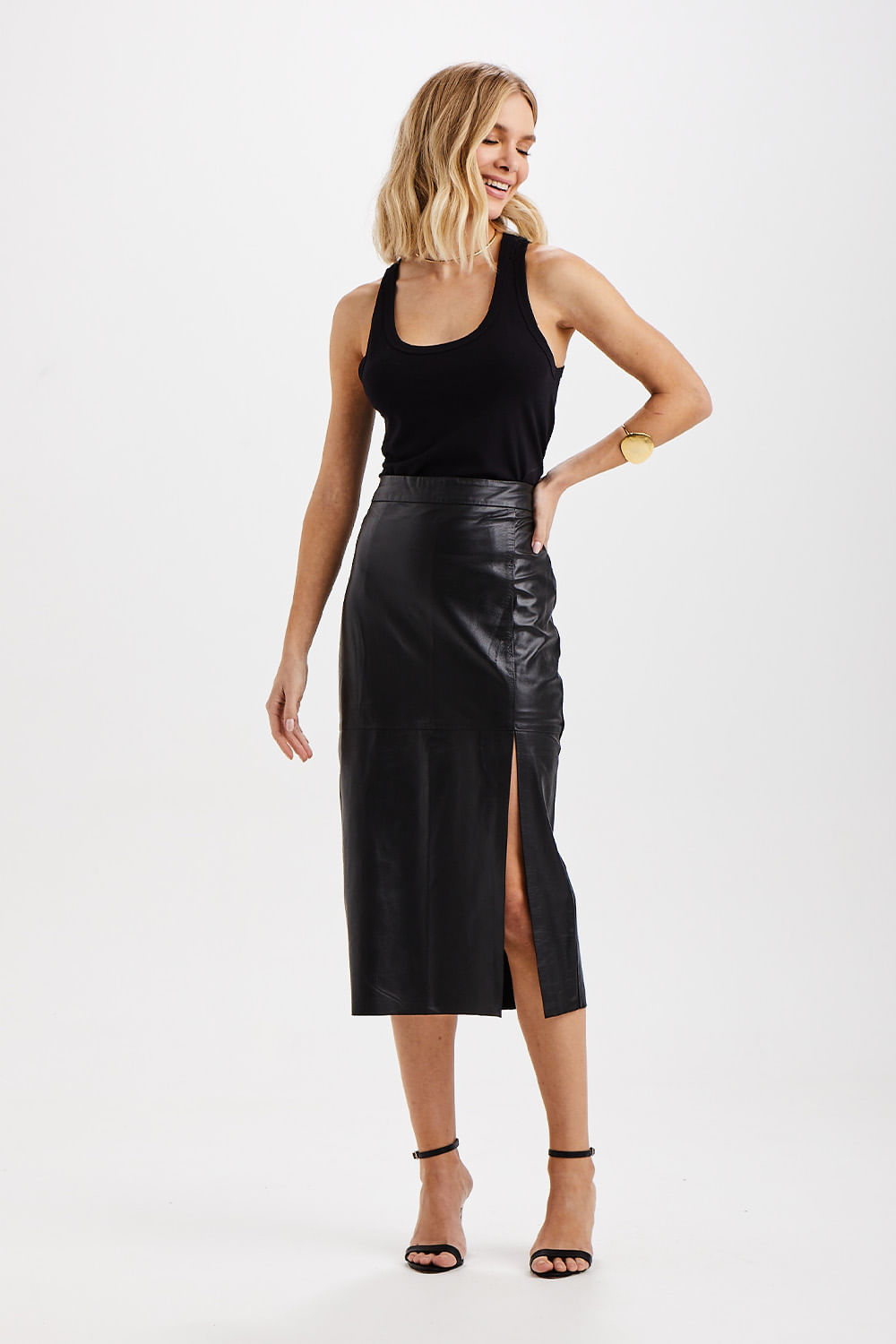 Saia Couro Lapis Com Fenda - Preto