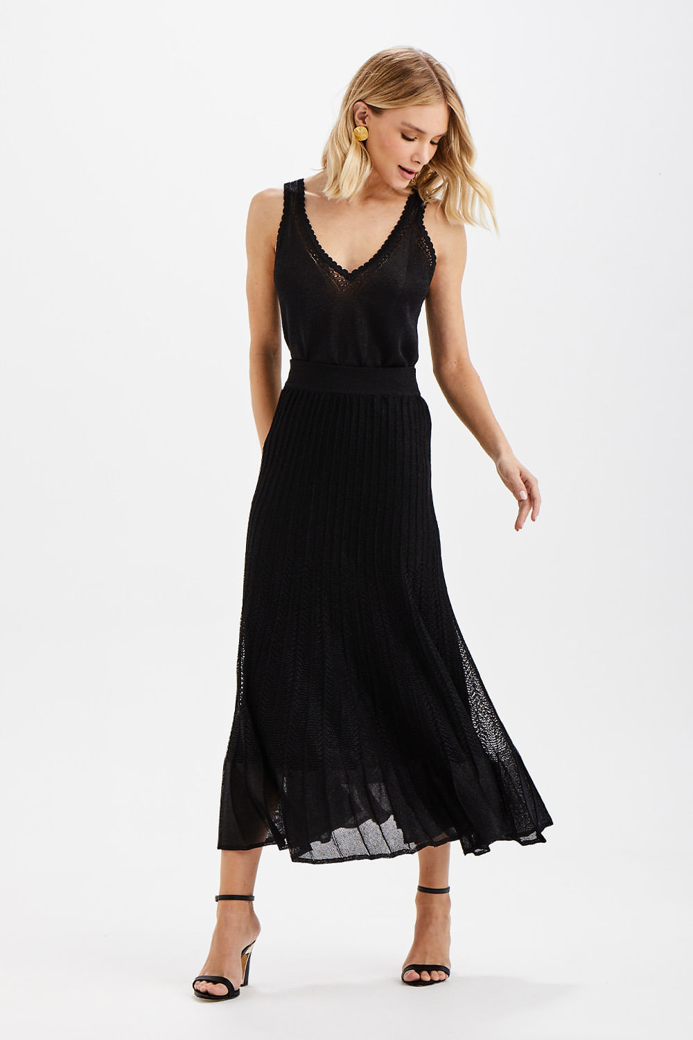 Saia Tricot Mix Plissê Lurex - Preto