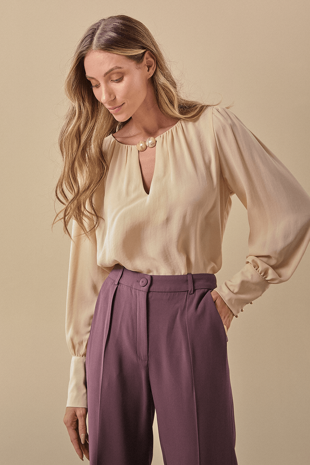 Blusa Fashion Manga Longa Ariel - Manteiga