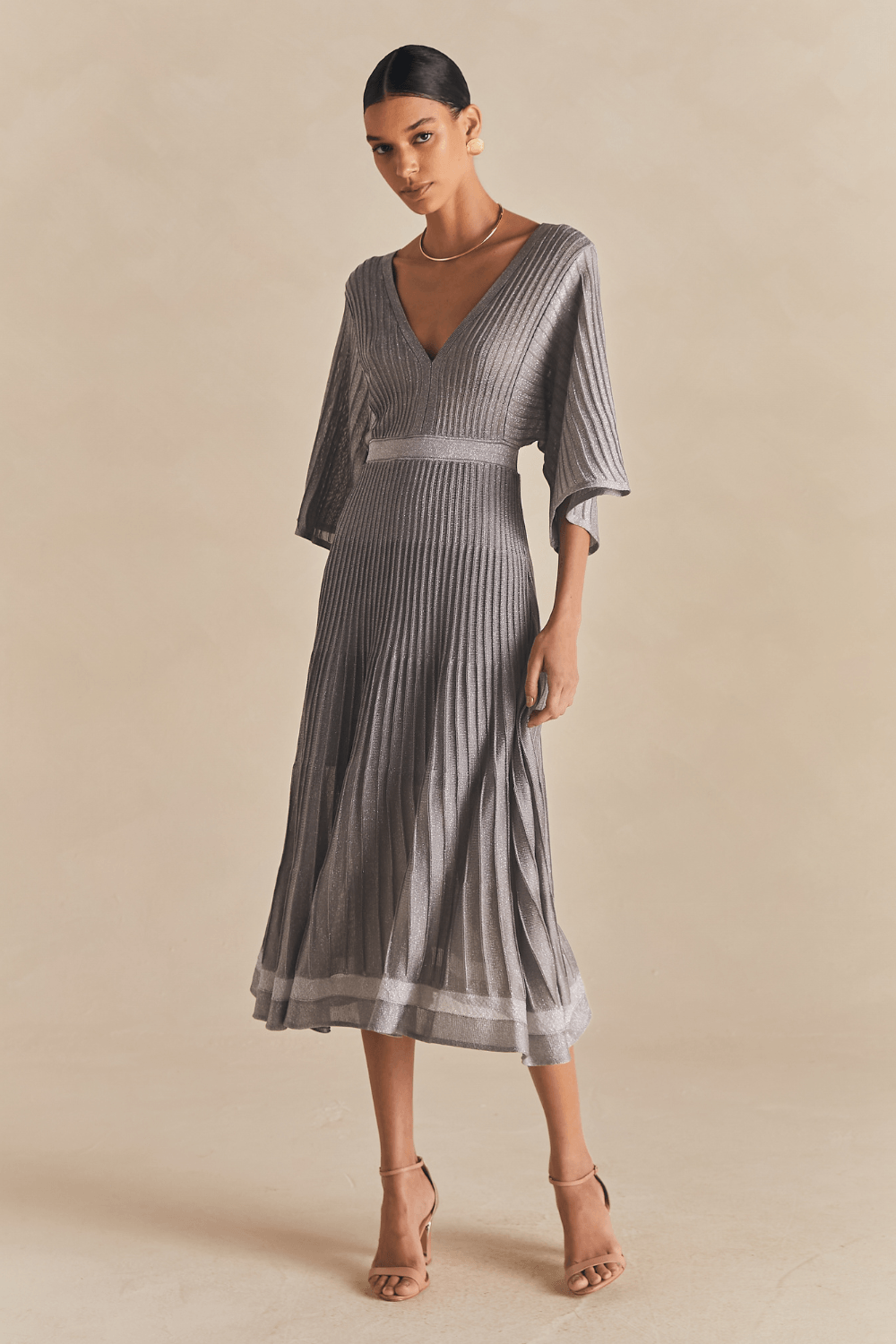 Vestido Tricot Plissado Lurex - Grafite