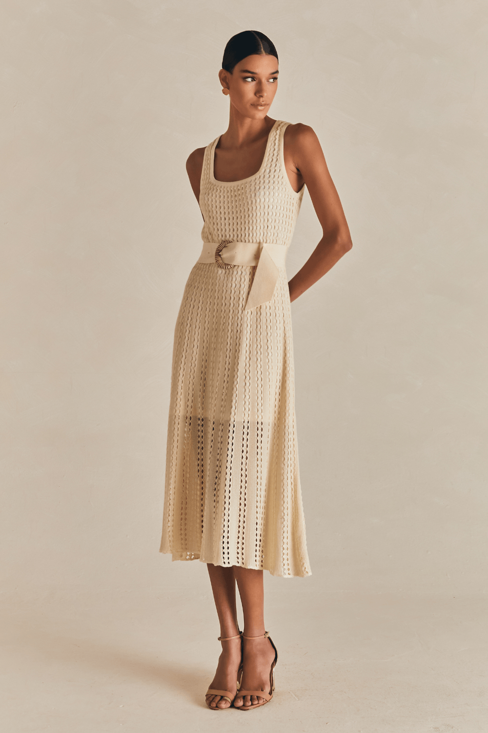 Vestido Tricot Evase Grace Com Cinto - Bege Macadamia