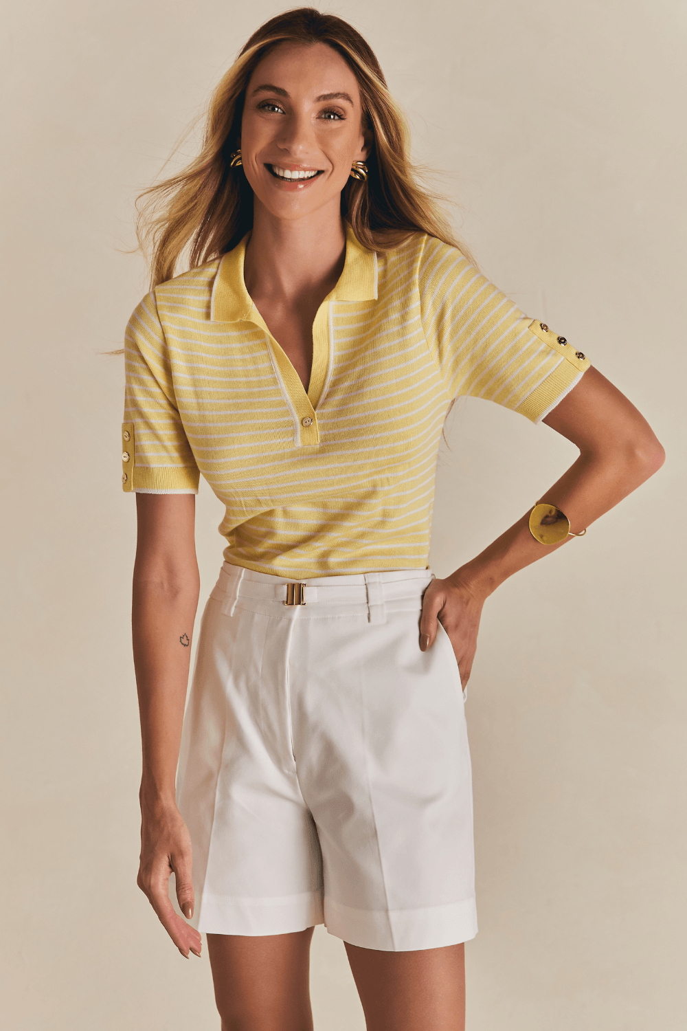 Blusa Tricot Polo Ester Listrado - Amarelo