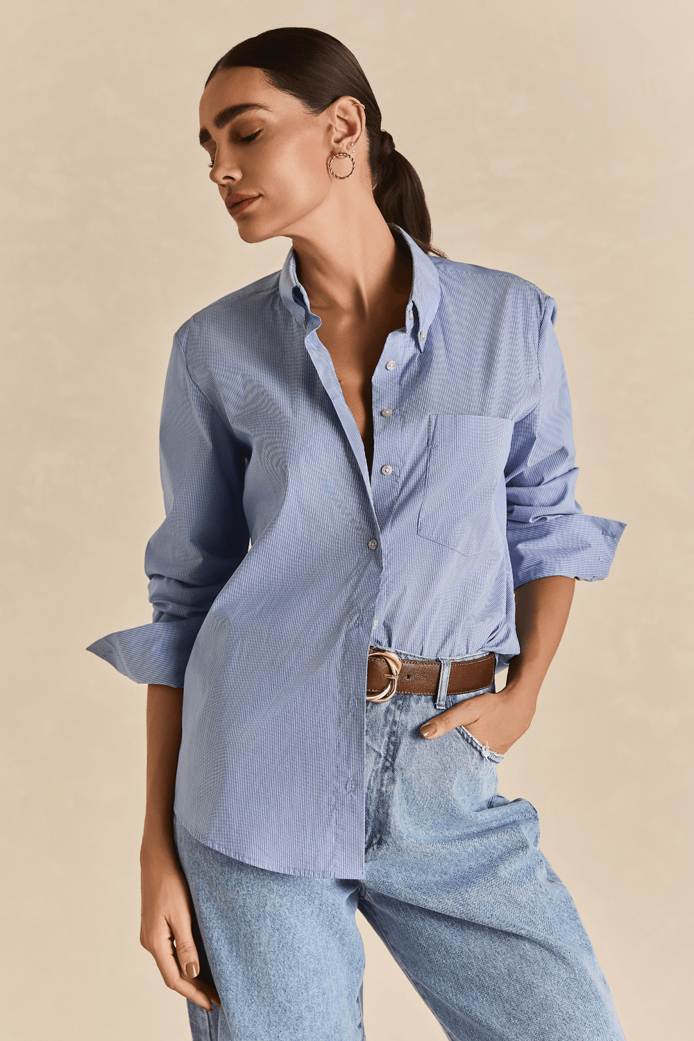 Camisa Listrada Com Bolso Helena - Azul.