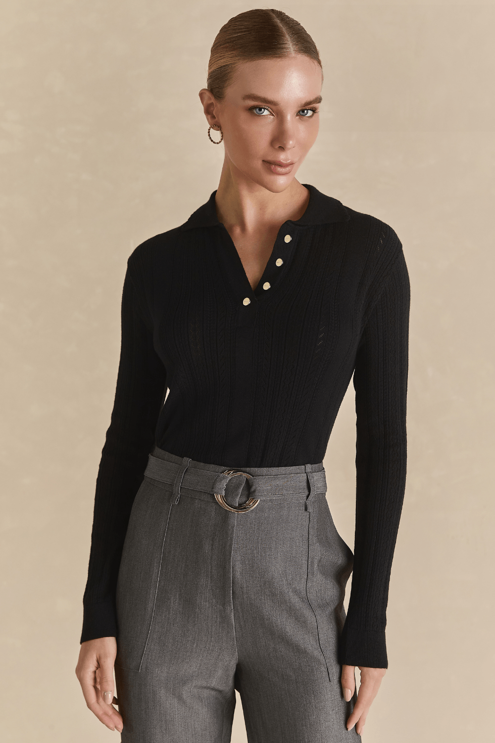 Polo Tricot Entremeios Botoes - Preto