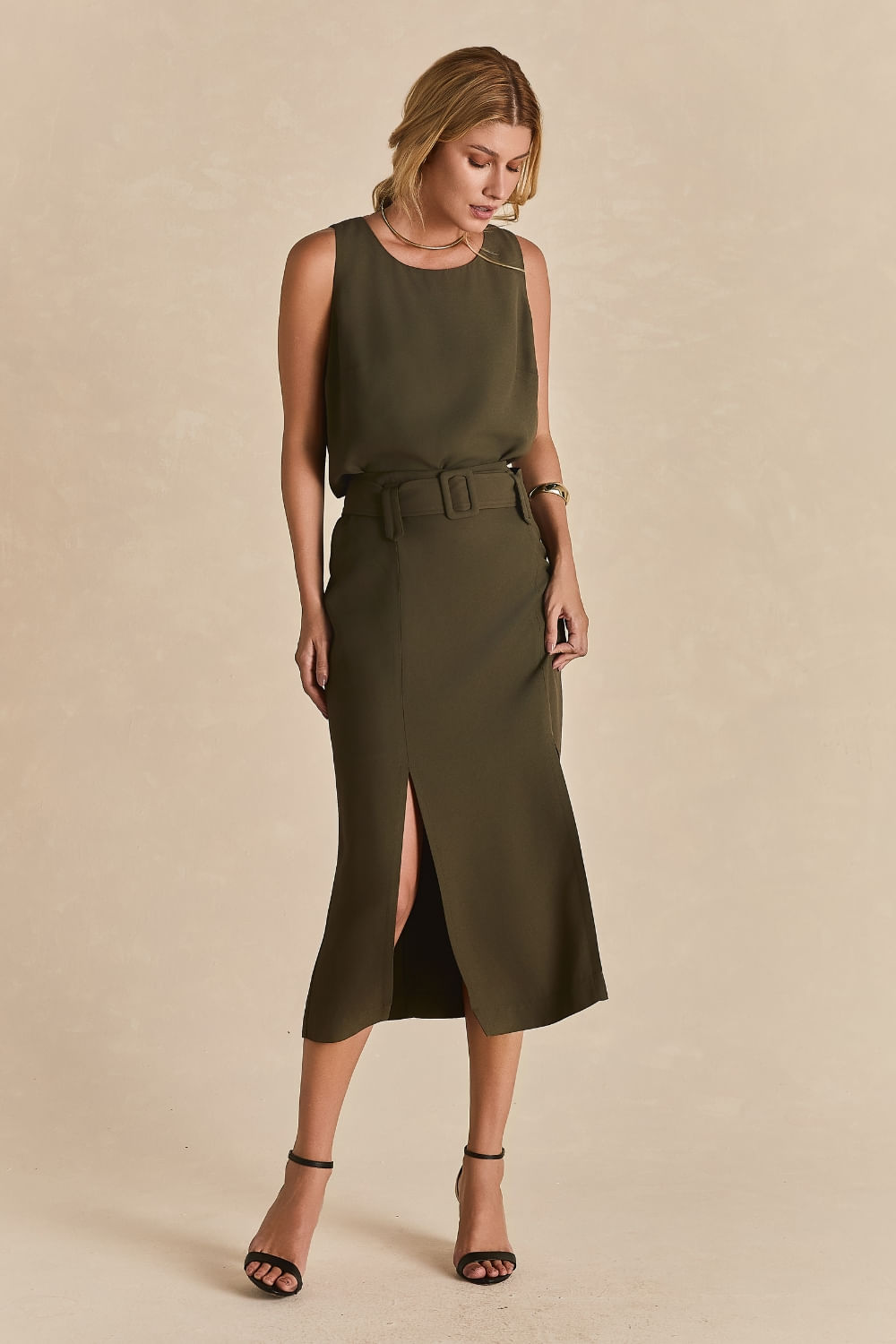 Saia Alfaiataria Com Cinto Crepe Ester - Verde Militar