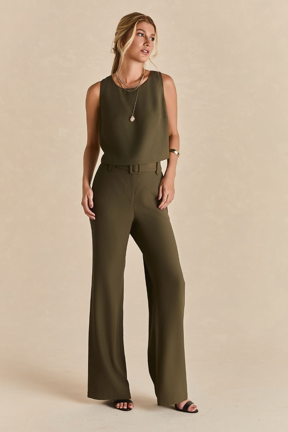 Calça Alfaiataria Com Cinto Crepe Ester - Verde Militar
