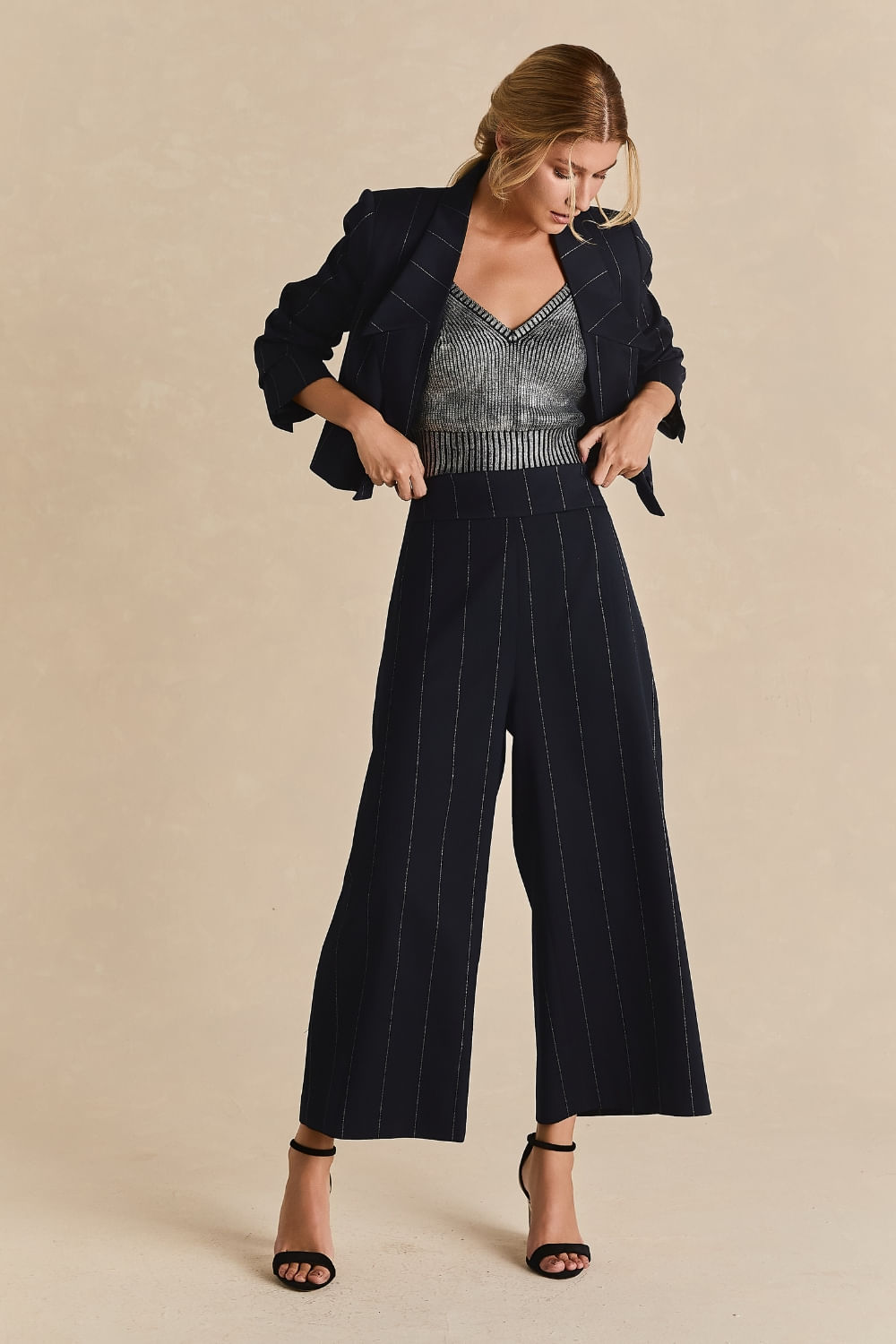 Calça Alfaiataria Becky Risca de Giz - Marinho