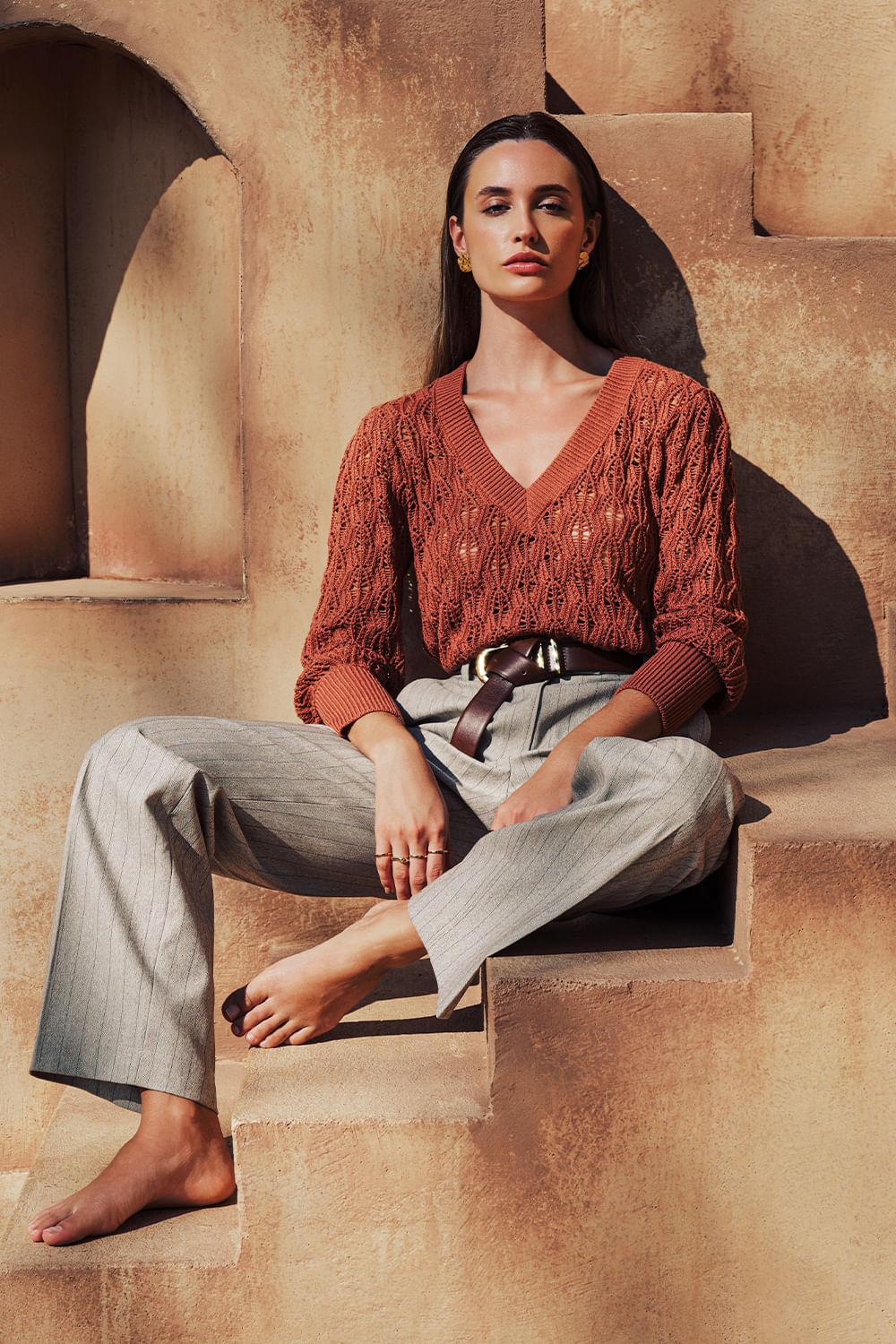Blusa Tricot Celine Rendado - Terracota