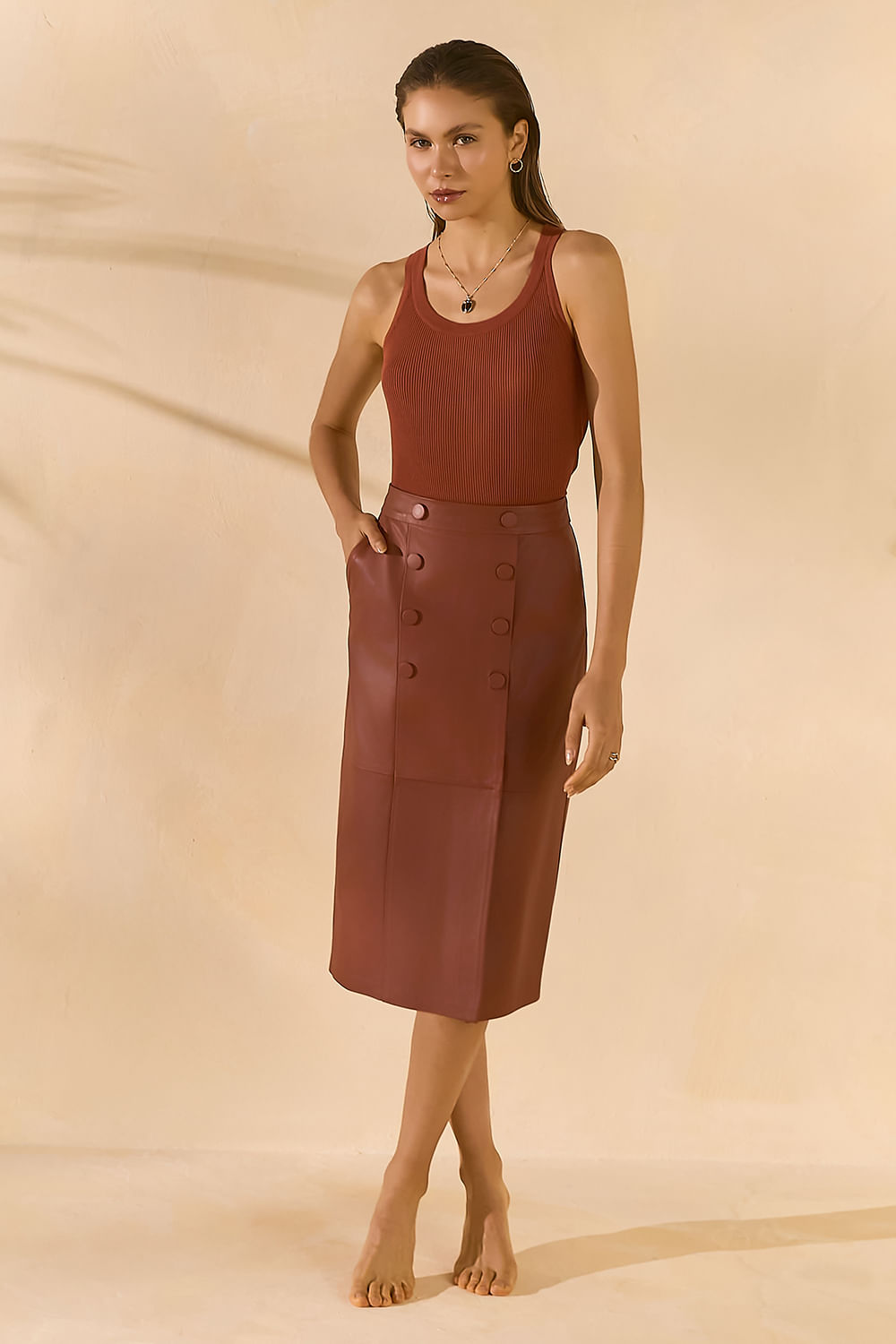 Saia Couro Lapis Camilla Botoes - Terracota