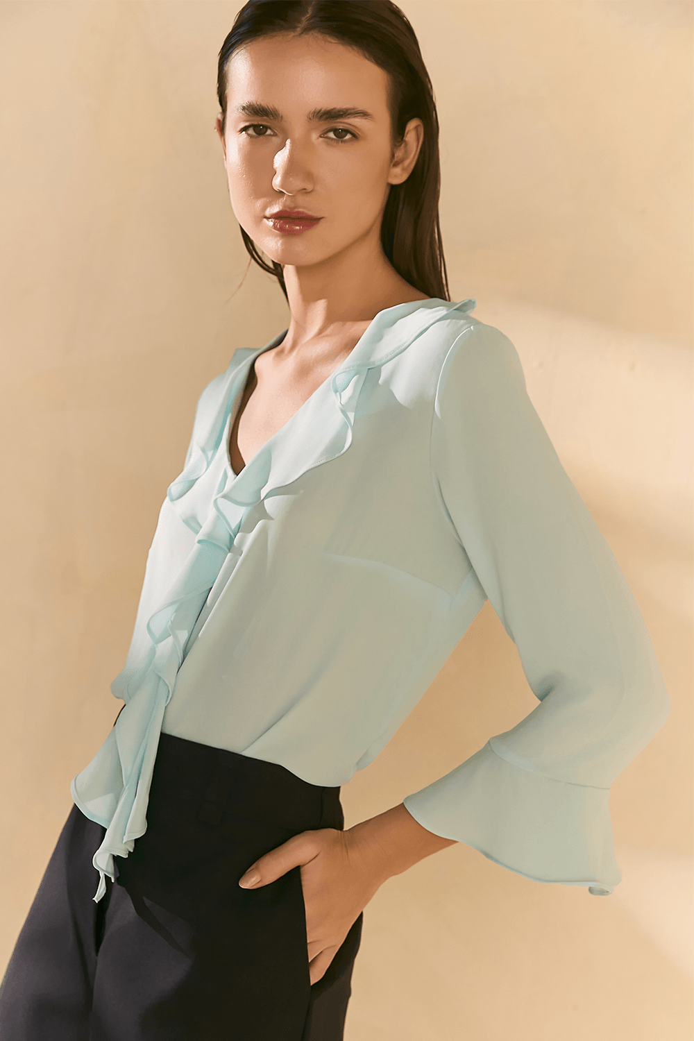 Blusa Chic Manga 7/8 Babados Dominique - Turquesa