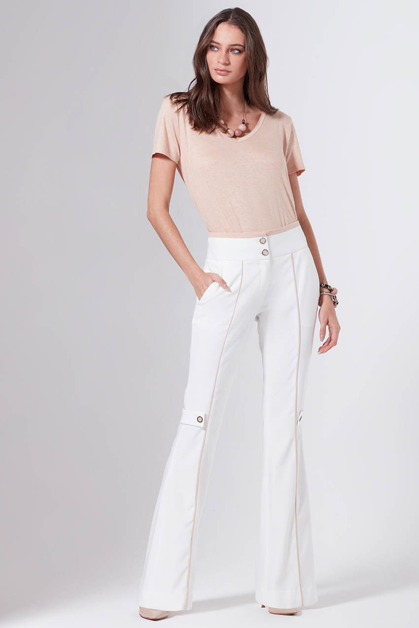 Calca Alfaiataria Detalhes Bicolor - Off C/ Creme