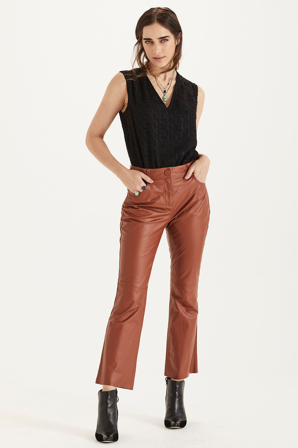 Calca Couro Cropped Five Pockets - Whiskey Bourbon