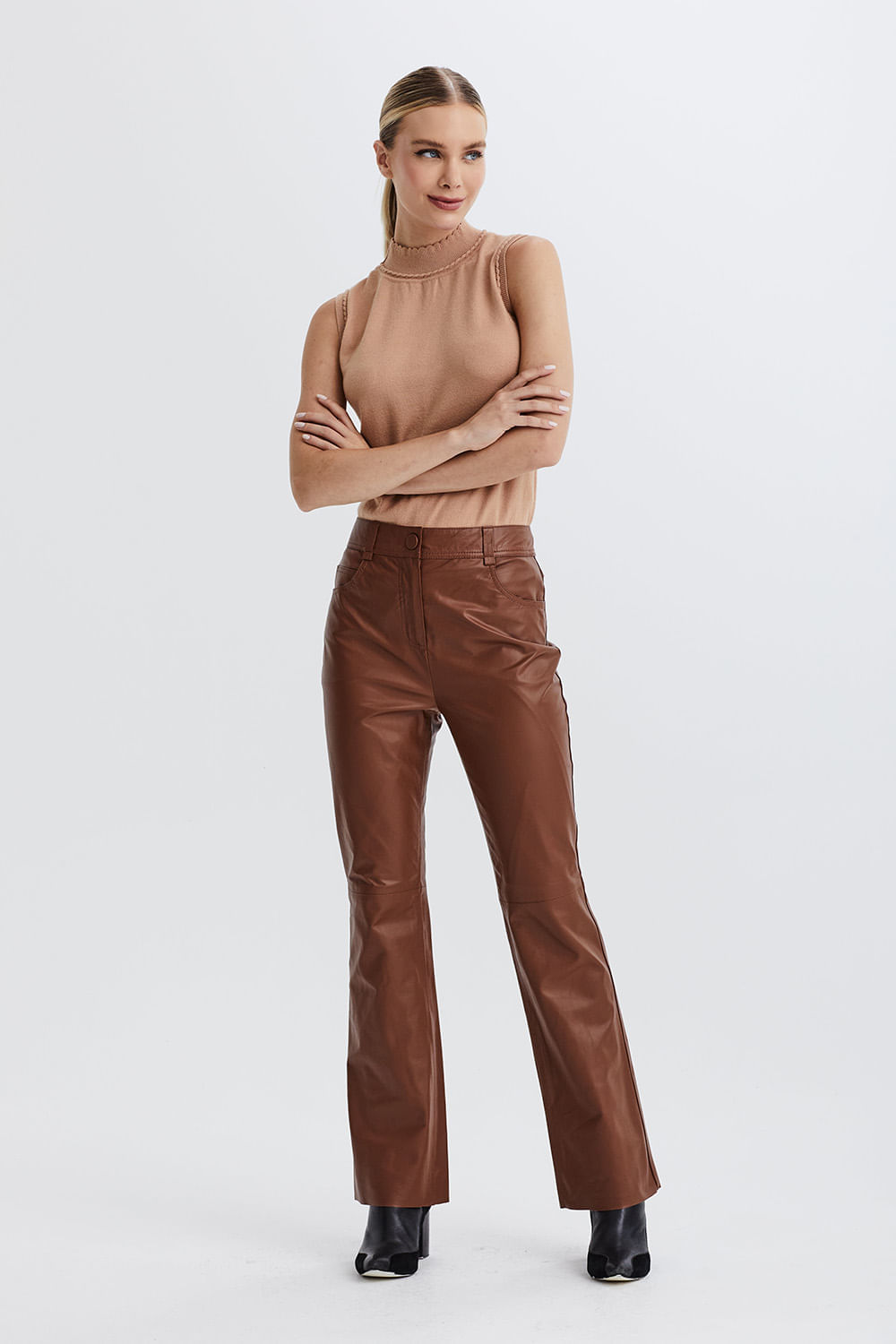 Calca Couro Cropped Five Pockets - Chocolate
