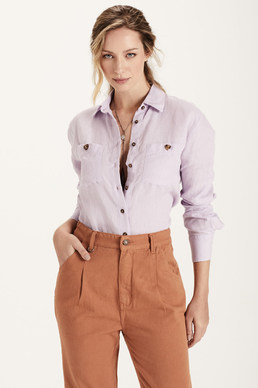 Camisa Casual Ml Linho Bolso Chapado - Lilas