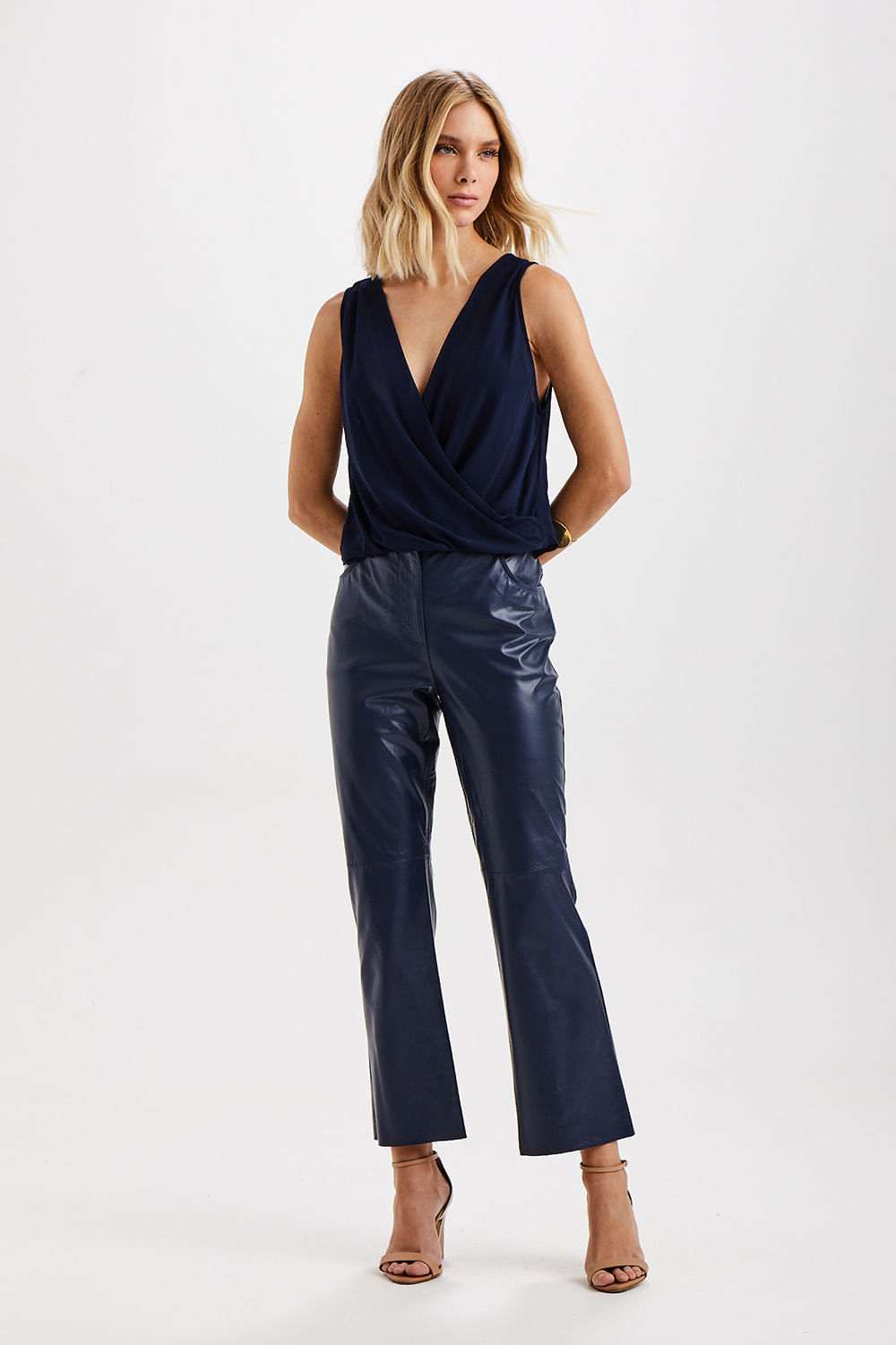 Calça Couro Cropped Five Pockets - Marinho