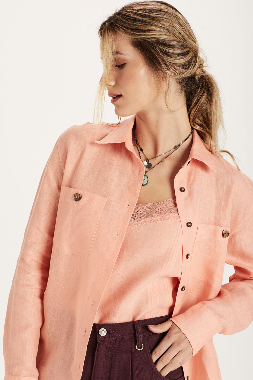 Camisa Casual Ml Linho Bolso Chapado - Laranja Jelly