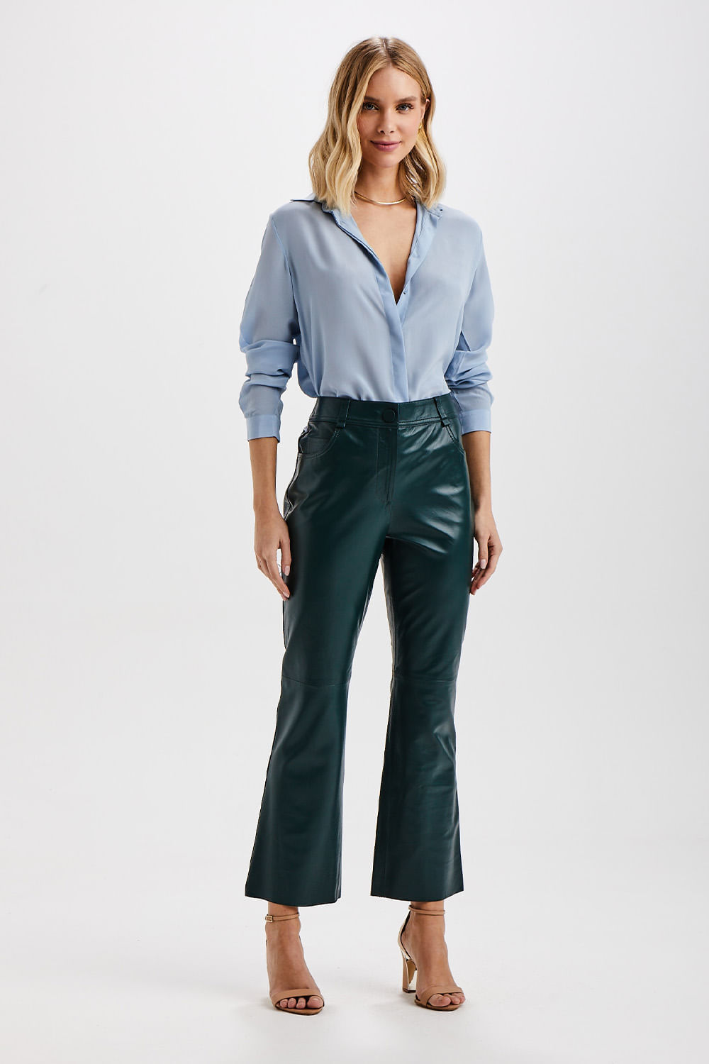 Calça Couro Cropped Five Pockets - Verde Floresta