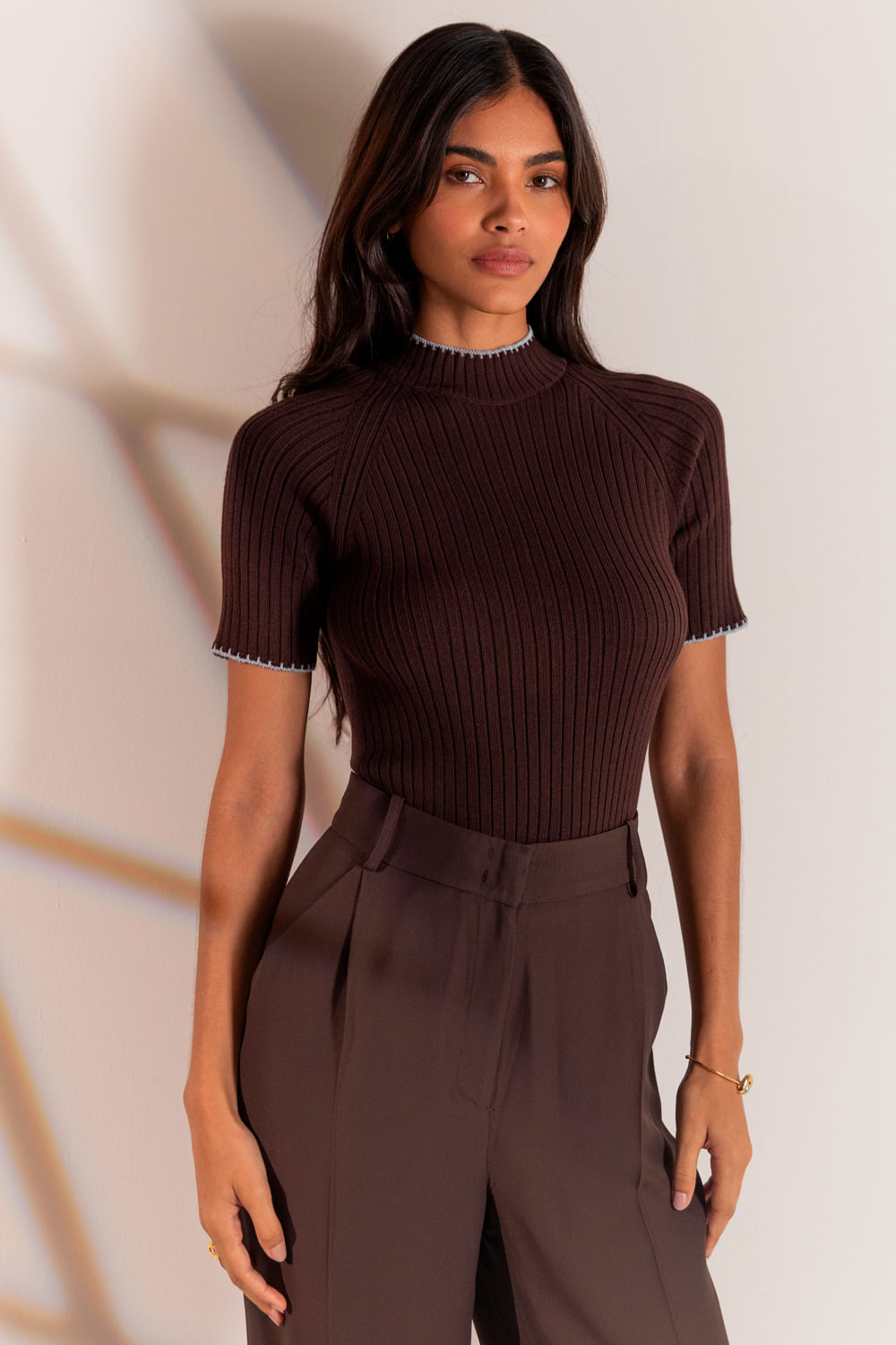 Blusa Tricot Laura Macrame Bicolor - Café/Azul Claro