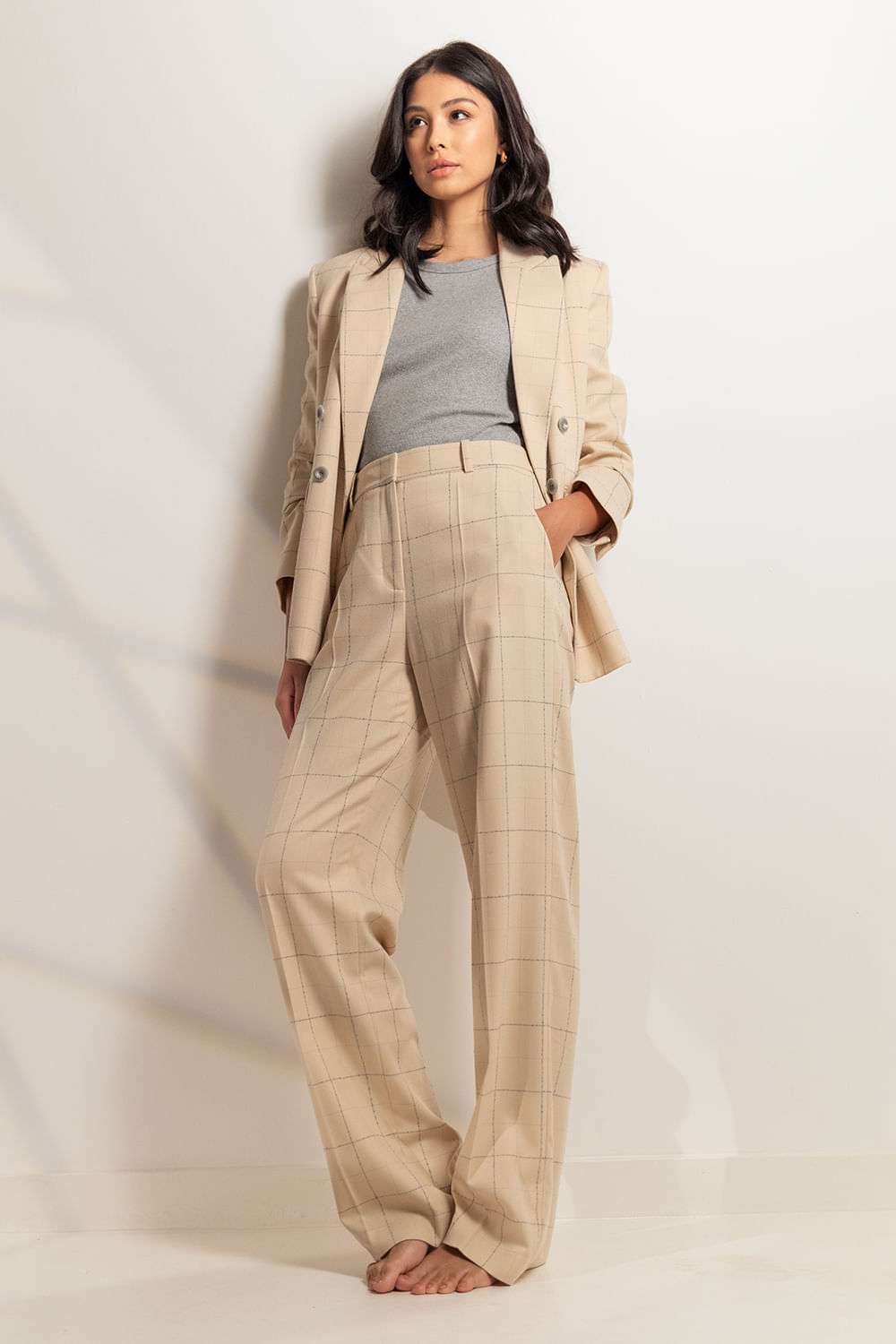 Calça Pantalona Xadrez Lara Black - Bege