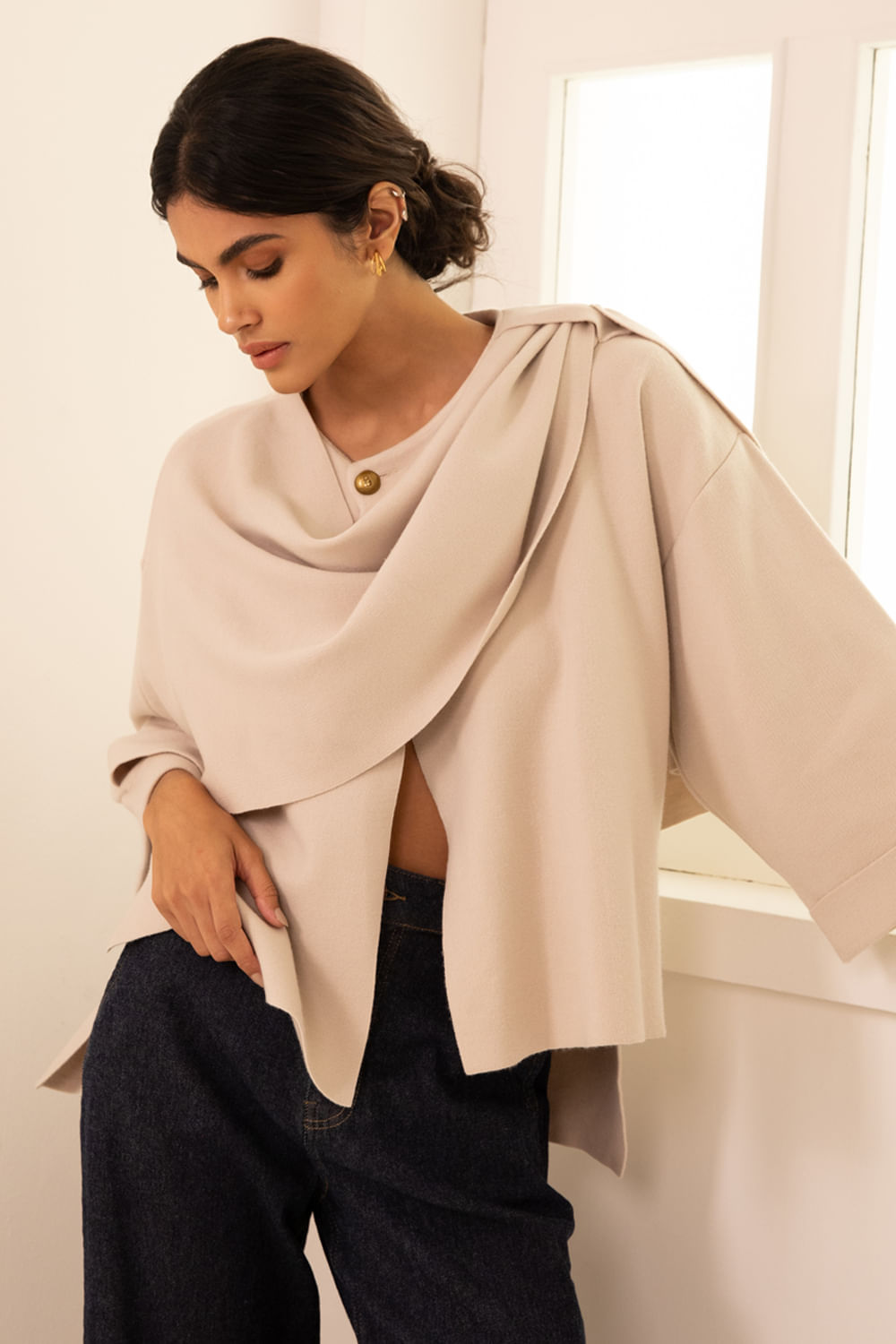 Casaco Tricot Eva Gola Cachecol - Areia