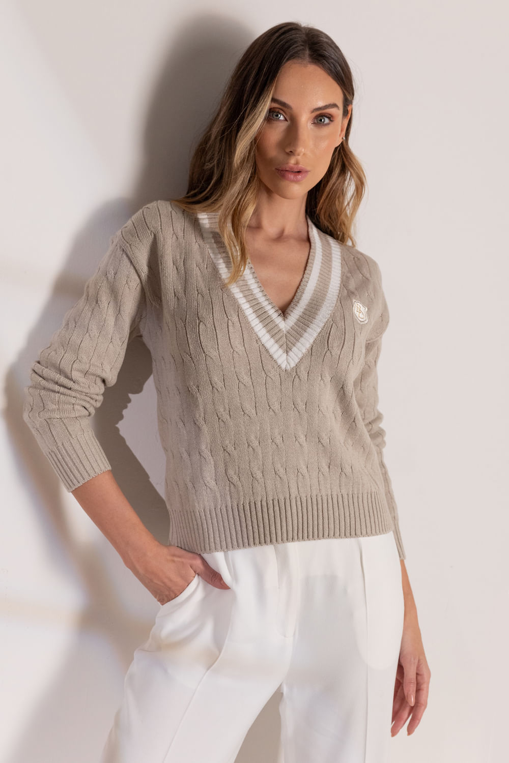 Blusa Tricot Duda Patch Bordado - Areia/Off White