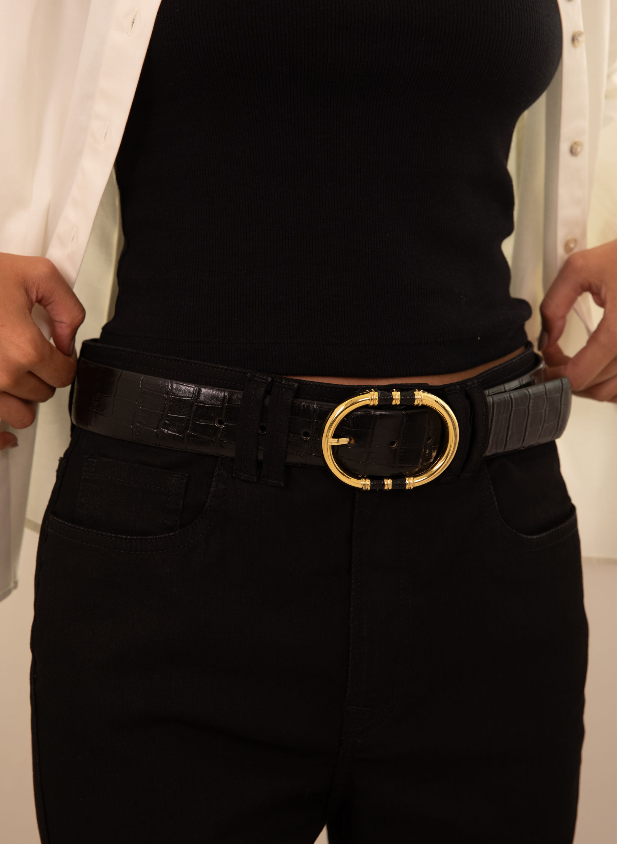 Cinto Croco Fivela Dourada - Preto