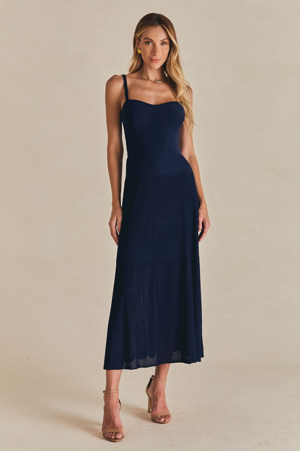 Vestido Tricot Midi Letizia Nervurado - Marinho