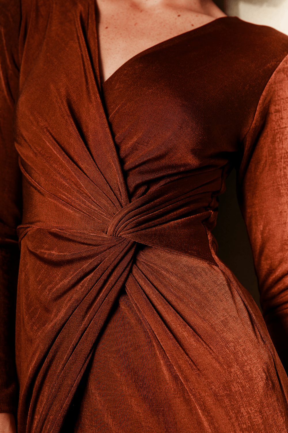 Vestido Malha Longo Jersey Com Torcao - Marrom