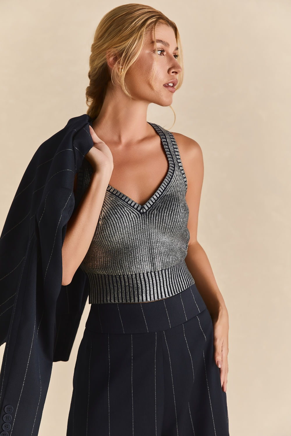Blusa Tricot Foil Metalizado - Marinho/Prata