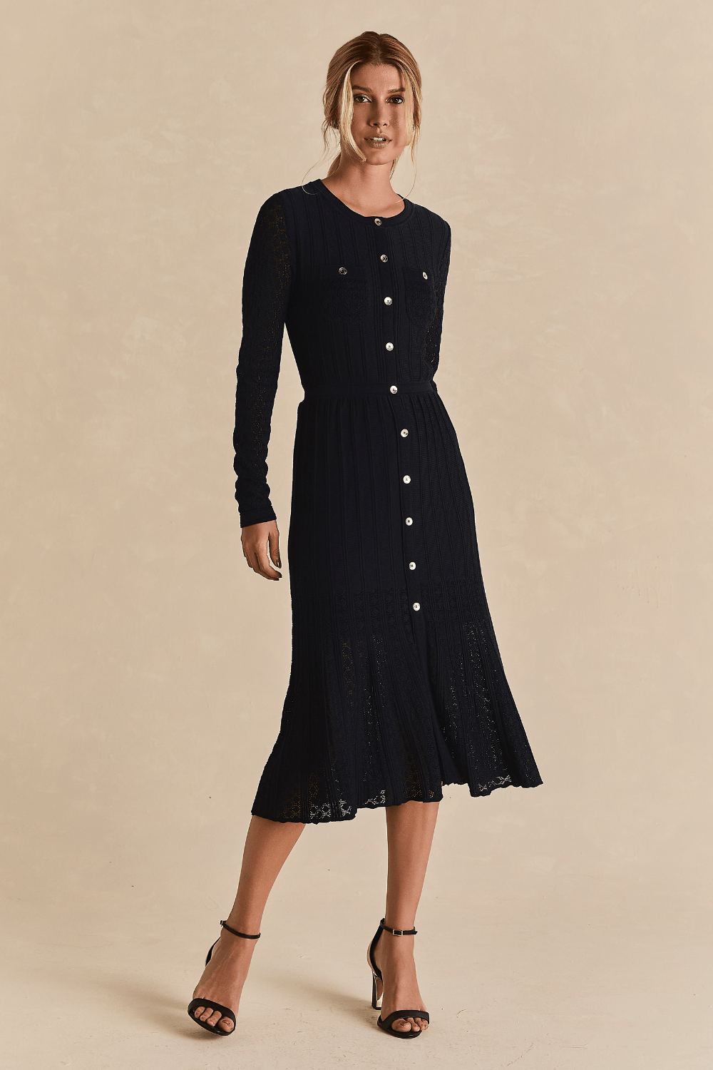 Vestido Tricot Manga Longa Renda - Marinho