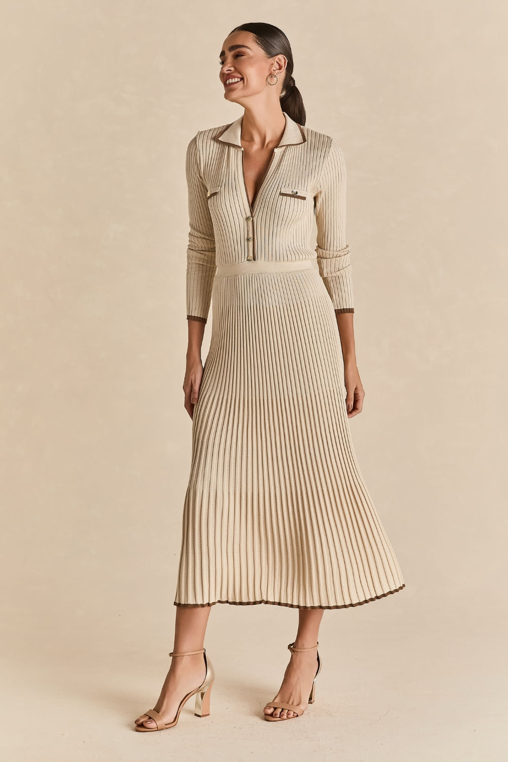 Vestido Tricot Gola Polo Bicolor - Creme / Camelo