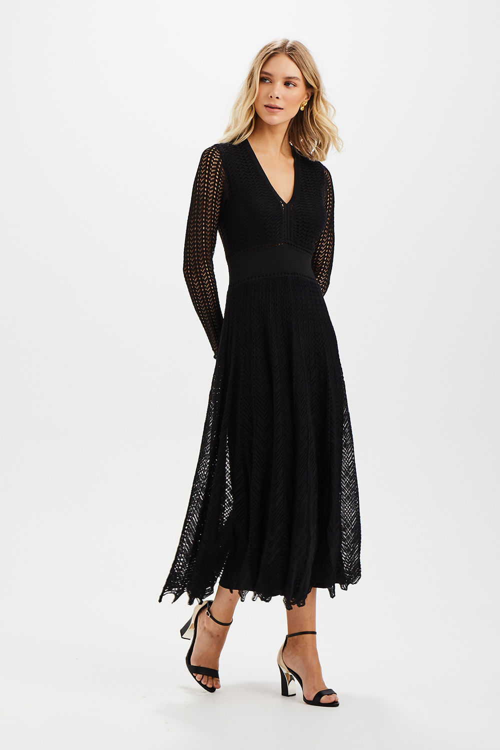 Vestido Tricot Manga Longa Mix Rendado - Preto