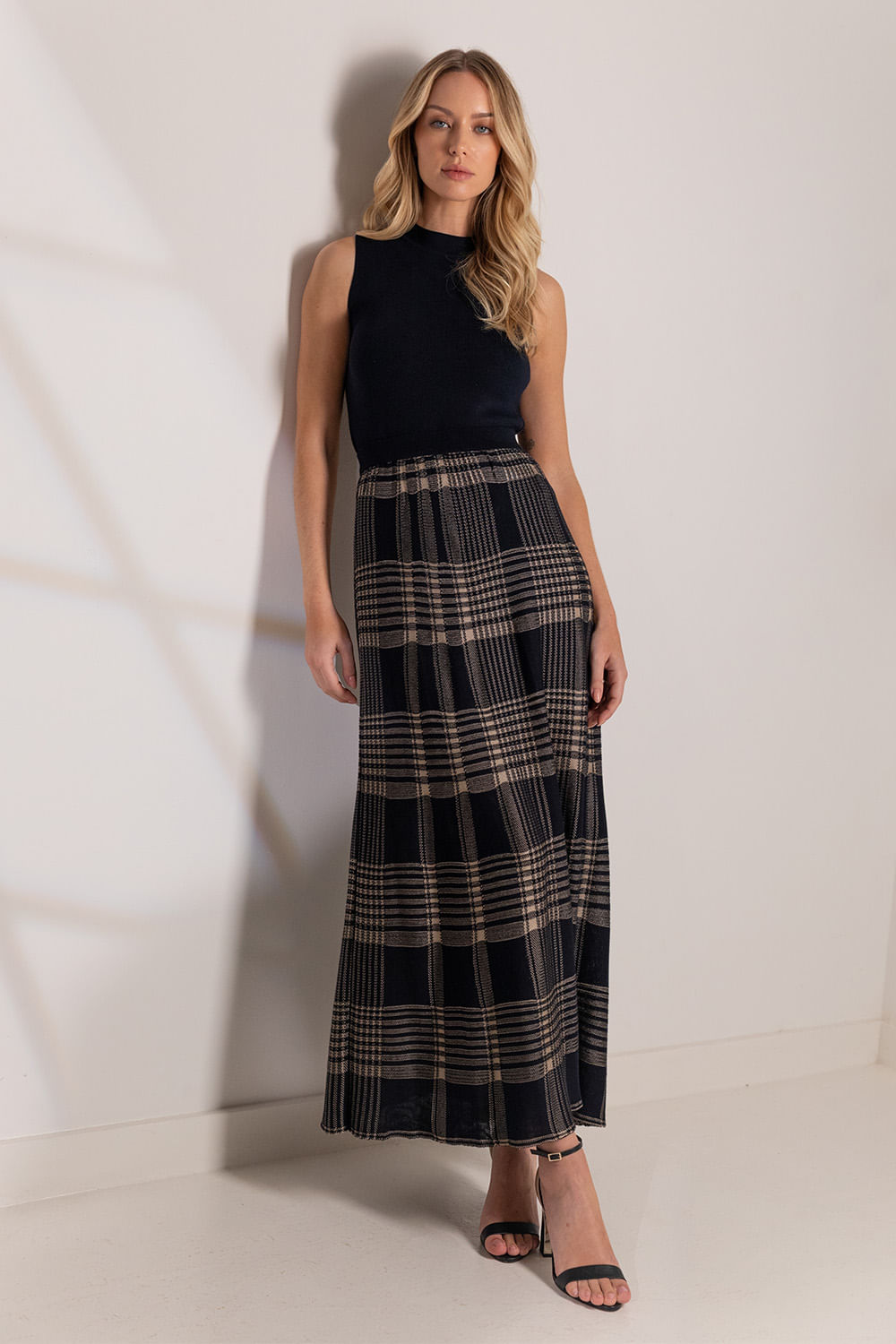 Saia Tricot Helena Xadrez - Marinho