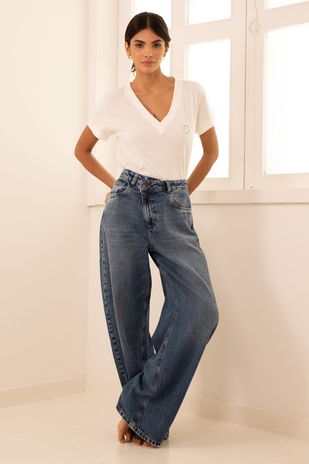 Calça Jeans Wide Leg Cós Deslocado - Azul