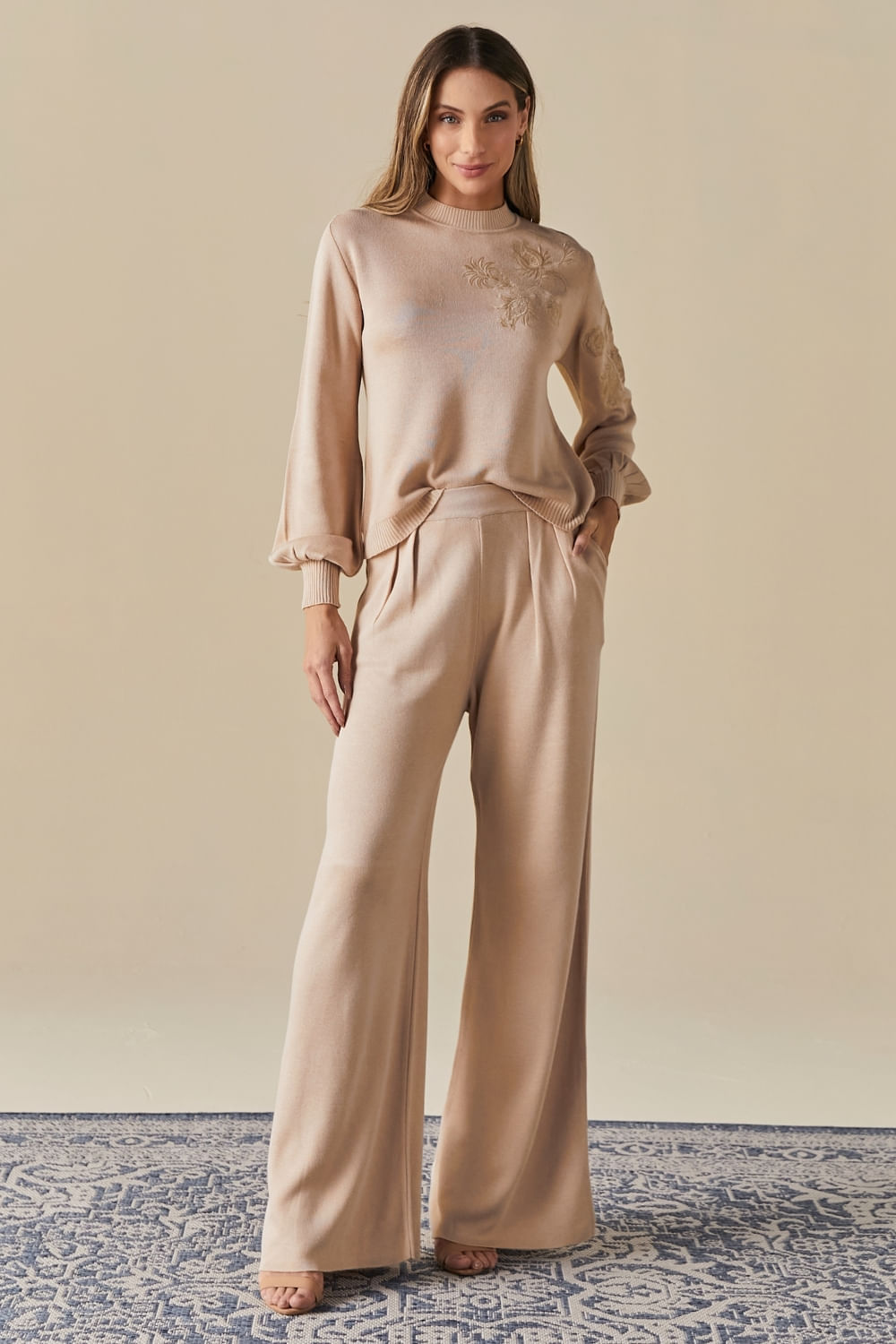 Calca Tricot Pantalona Eliza Comfy - Areia