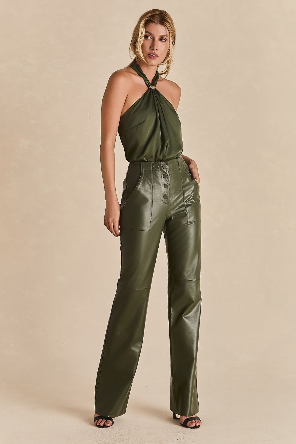 Calca Couro Pantalona Brenda - Verde Militar